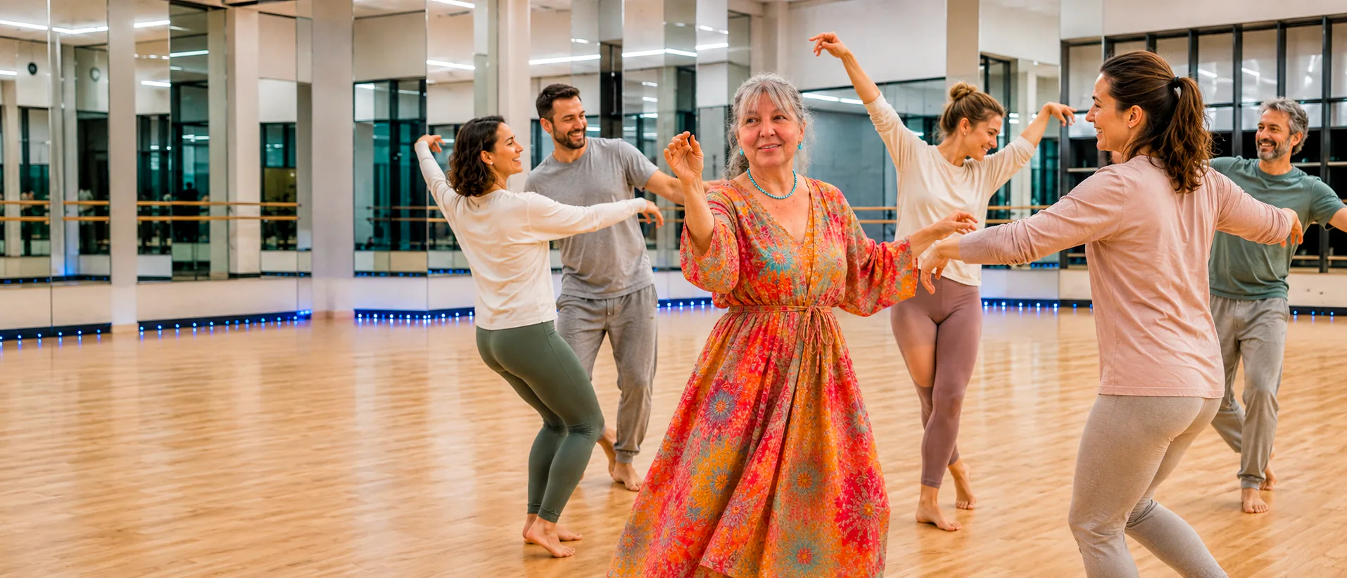 Crina dansând alături de participanți într-o sală luminoasă